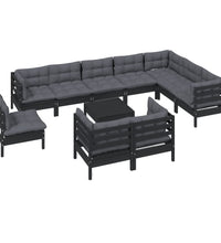 11-tlg. Garten-Lounge-Set mit Kissen Schwarz Massivholz Kiefer