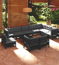 11-tlg. Garten-Lounge-Set mit Kissen Schwarz Massivholz Kiefer