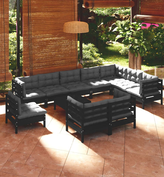 11-tlg. Garten-Lounge-Set mit Kissen Schwarz Massivholz Kiefer