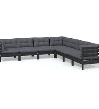 7-tlg. Garten-Lounge-Set mit Kissen Schwarz Kiefer Massivholz