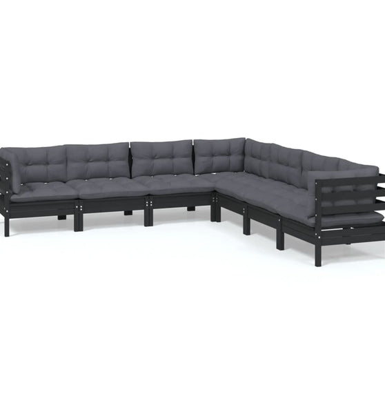 7-tlg. Garten-Lounge-Set mit Kissen Schwarz Kiefer Massivholz