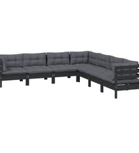 7-tlg. Garten-Lounge-Set mit Kissen Schwarz Kiefer Massivholz