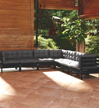 7-tlg. Garten-Lounge-Set mit Kissen Schwarz Kiefer Massivholz