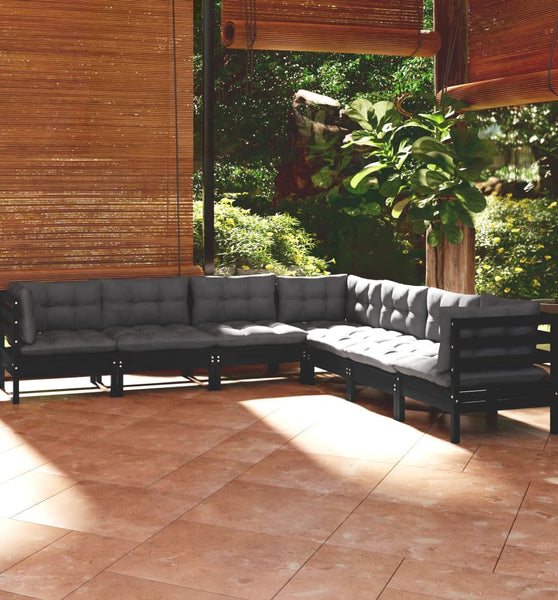 7-tlg. Garten-Lounge-Set mit Kissen Schwarz Kiefer Massivholz