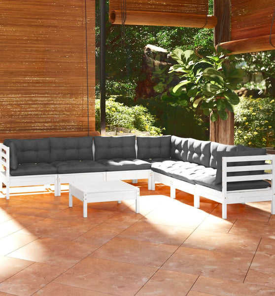 8-tlg. Garten-Lounge-Set mit Kissen Weiß Kiefer Massivholz