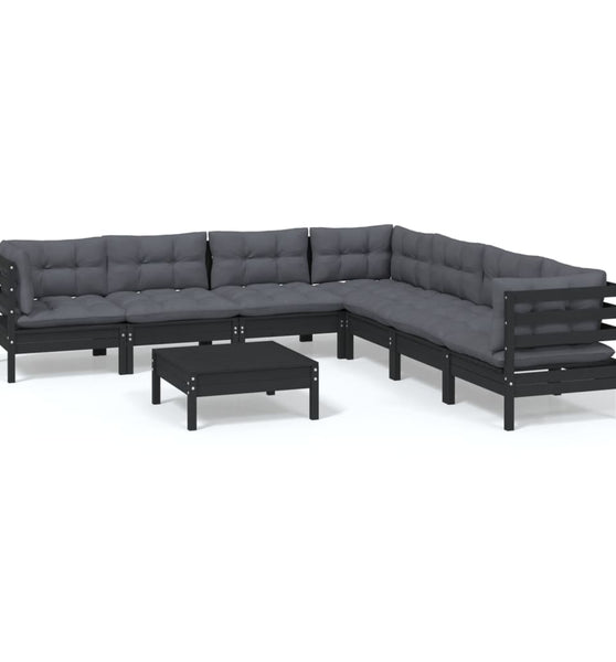 8-tlg. Garten-Lounge-Set mit Kissen Schwarz Massivholz Kiefer