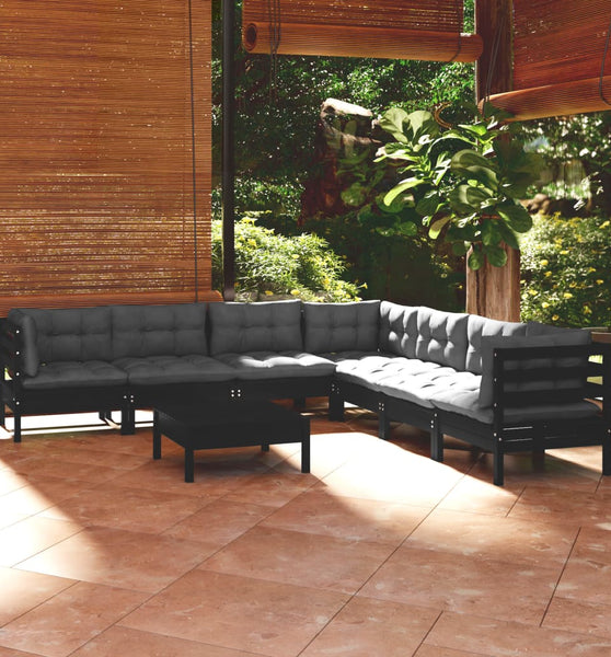 8-tlg. Garten-Lounge-Set mit Kissen Schwarz Massivholz Kiefer