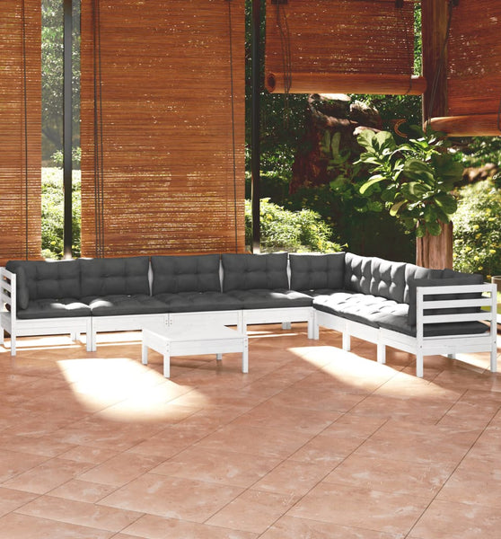 9-tlg. Garten-Lounge-Set mit Kissen Weiß Kiefer Massivholz