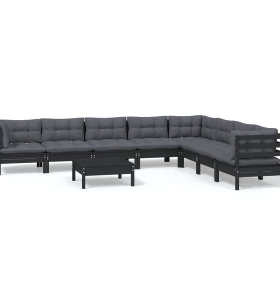 9-tlg. Garten-Lounge-Set mit Kissen Schwarz Massivholz Kiefer