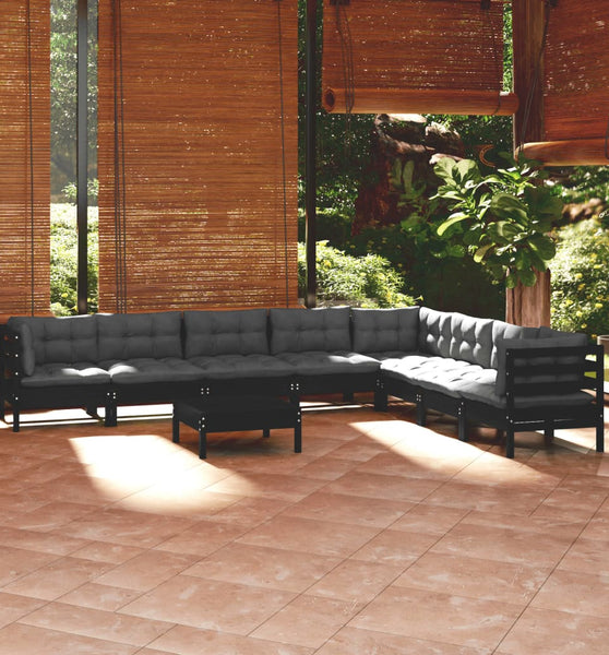 9-tlg. Garten-Lounge-Set mit Kissen Schwarz Massivholz Kiefer