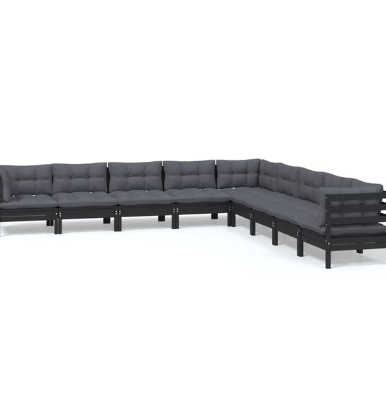 9-tlg. Garten-Lounge-Set mit Kissen Schwarz Massivholz Kiefer