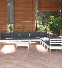 10-tlg. Garten-Lounge-Set mit Kissen Weiß Kiefer Massivholz