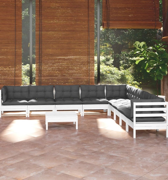 10-tlg. Garten-Lounge-Set mit Kissen Weiß Kiefer Massivholz