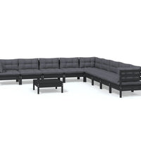 10-tlg. Garten-Lounge-Set mit Kissen Schwarz Massivholz Kiefer