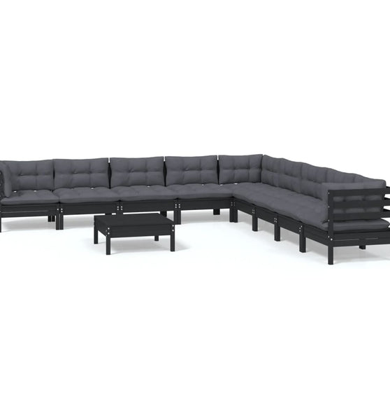 10-tlg. Garten-Lounge-Set mit Kissen Schwarz Massivholz Kiefer