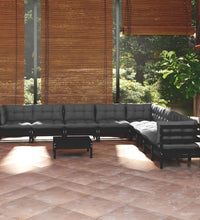 10-tlg. Garten-Lounge-Set mit Kissen Schwarz Massivholz Kiefer