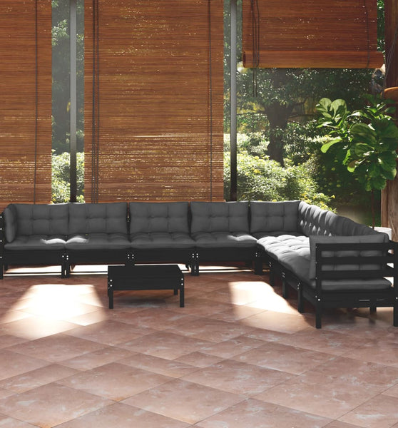 10-tlg. Garten-Lounge-Set mit Kissen Schwarz Massivholz Kiefer