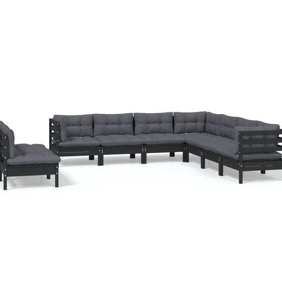 9-tlg. Garten-Lounge-Set mit Kissen Schwarz Massivholz Kiefer