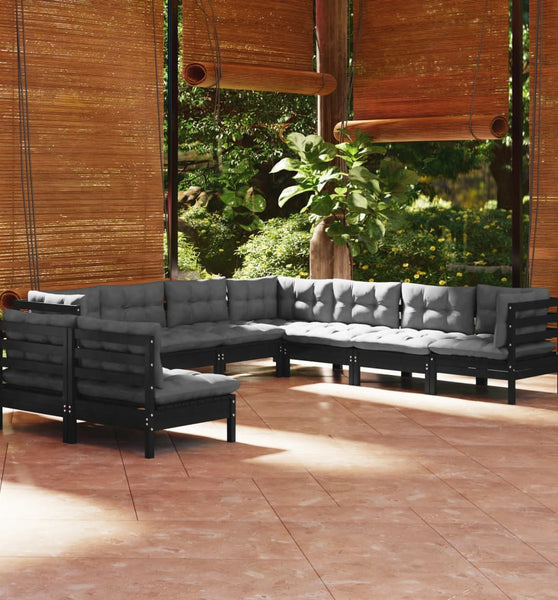 9-tlg. Garten-Lounge-Set mit Kissen Schwarz Massivholz Kiefer