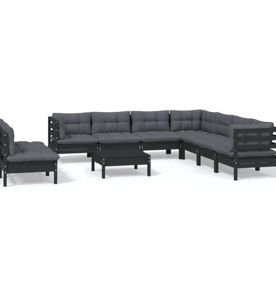 10-tlg. Garten-Lounge-Set mit Kissen Schwarz Massivholz Kiefer