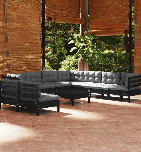 10-tlg. Garten-Lounge-Set mit Kissen Schwarz Massivholz Kiefer