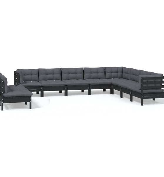 10-tlg. Garten-Lounge-Set mit Kissen Schwarz Massivholz Kiefer