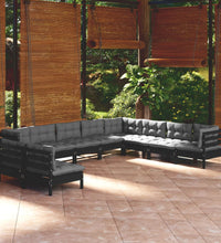 10-tlg. Garten-Lounge-Set mit Kissen Schwarz Massivholz Kiefer