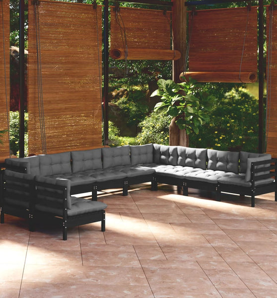 10-tlg. Garten-Lounge-Set mit Kissen Schwarz Massivholz Kiefer