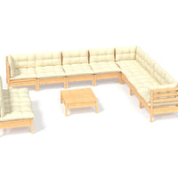 11-tlg. Garten-Lounge-Set mit Creme Kissen Massivholz Kiefer