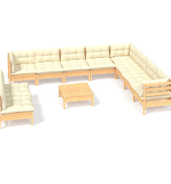 11-tlg. Garten-Lounge-Set mit Creme Kissen Massivholz Kiefer