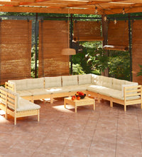 11-tlg. Garten-Lounge-Set mit Creme Kissen Massivholz Kiefer