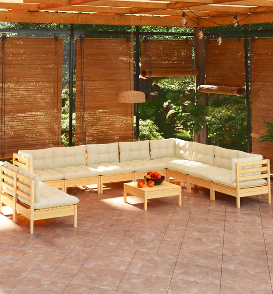 11-tlg. Garten-Lounge-Set mit Creme Kissen Massivholz Kiefer