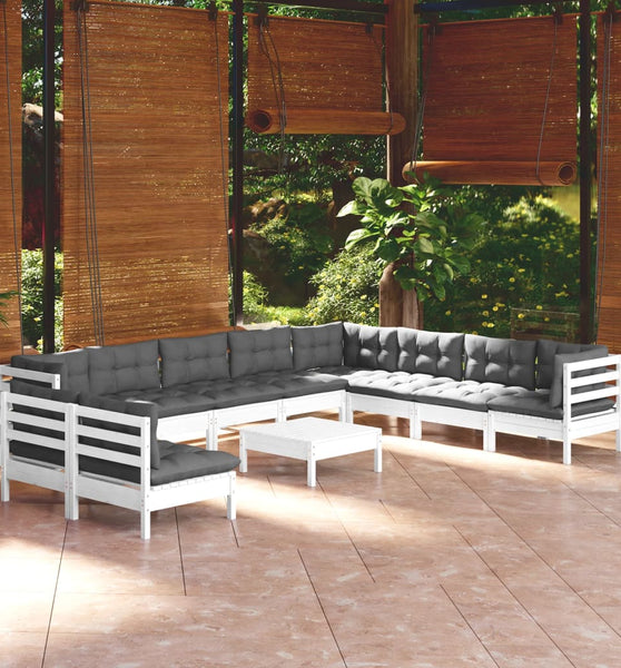 11-tlg. Garten-Lounge-Set mit Kissen Weiß Massivholz Kiefer