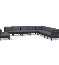 11-tlg. Garten-Lounge-Set mit Kissen Schwarz Massivholz Kiefer