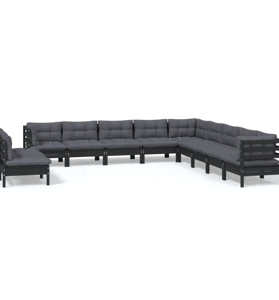 11-tlg. Garten-Lounge-Set mit Kissen Schwarz Massivholz Kiefer