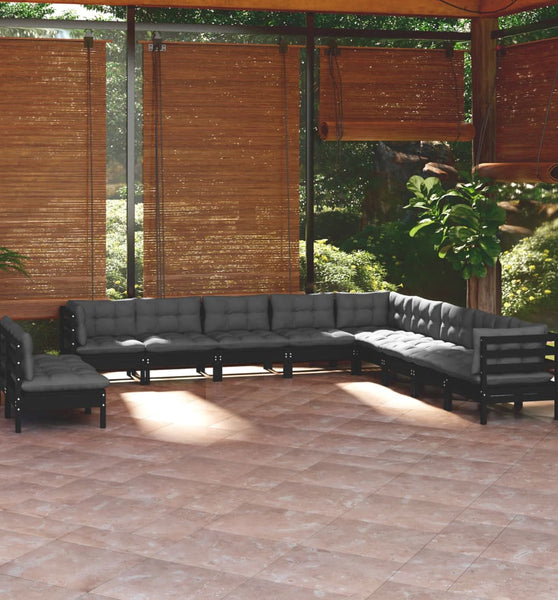 11-tlg. Garten-Lounge-Set mit Kissen Schwarz Massivholz Kiefer