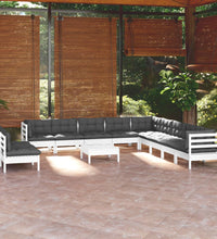 12-tlg. Garten-Lounge-Set mit Kissen Weiß Massivholz Kiefer