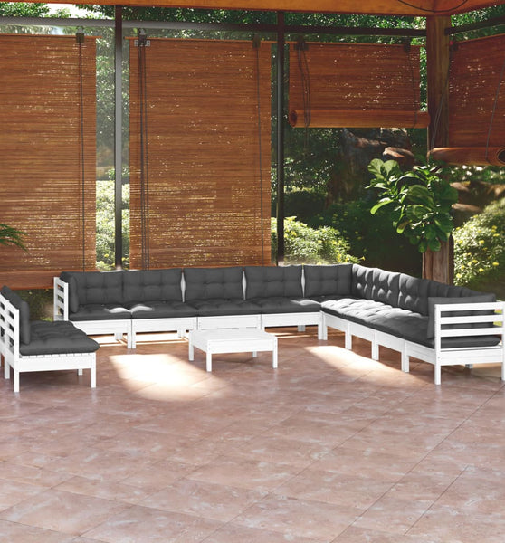 12-tlg. Garten-Lounge-Set mit Kissen Weiß Massivholz Kiefer