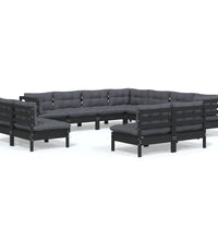 11-tlg. Garten-Lounge-Set mit Kissen Schwarz Massivholz Kiefer