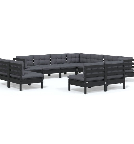 11-tlg. Garten-Lounge-Set mit Kissen Schwarz Massivholz Kiefer