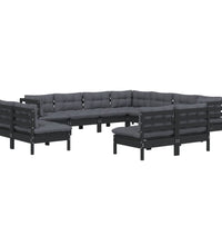 11-tlg. Garten-Lounge-Set mit Kissen Schwarz Massivholz Kiefer