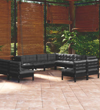 11-tlg. Garten-Lounge-Set mit Kissen Schwarz Massivholz Kiefer