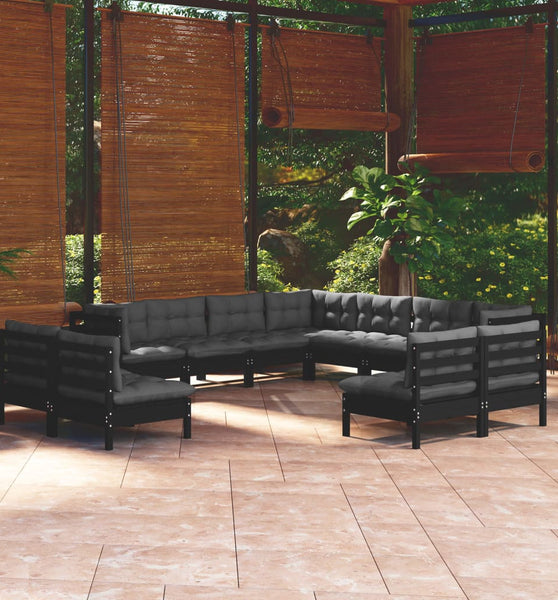 11-tlg. Garten-Lounge-Set mit Kissen Schwarz Massivholz Kiefer