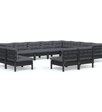 12-tlg. Garten-Lounge-Set mit Kissen Schwarz Massivholz Kiefer