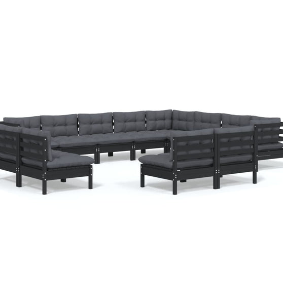 12-tlg. Garten-Lounge-Set mit Kissen Schwarz Massivholz Kiefer