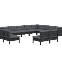 12-tlg. Garten-Lounge-Set mit Kissen Schwarz Massivholz Kiefer