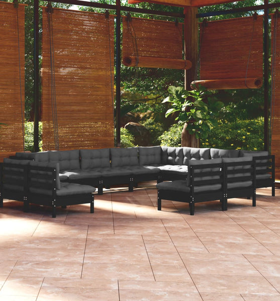 12-tlg. Garten-Lounge-Set mit Kissen Schwarz Massivholz Kiefer