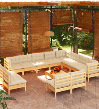 13-tlg. Garten-Lounge-Set mit Creme Kissen Massivholz Kiefer