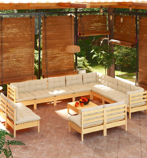 13-tlg. Garten-Lounge-Set mit Creme Kissen Massivholz Kiefer