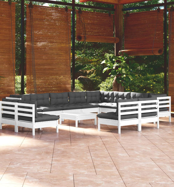 13-tlg. Garten-Lounge-Set mit Kissen Weiß Massivholz Kiefer